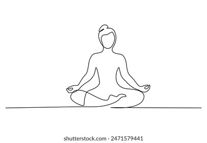 Eine Frau, die Yoga übt, isolierte Linienzeichnung, Vektorillustration Design. Sportliche Kollektion, Frau sitzt in Lotus Pose Yoga. Durchgehende einzeilige Zeichnung, im Stil einer einzeiligen Vektorgrafik.