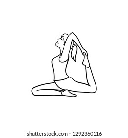 Woman practicing yoga king pigeon pose hand drawn outline doodle icon. Stretching, yoga poses, fitness concept. Vector sketch illustration for print, web, mobile and infographics on white background.