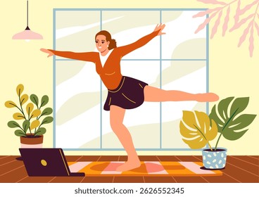 A woman practicing yoga in a living room while watching an online class on her laptop, flat graphic style, with indoor plants and large window in background. Vector illustration