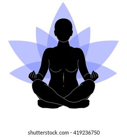 Woman practicing yoga with lotus flower on a background