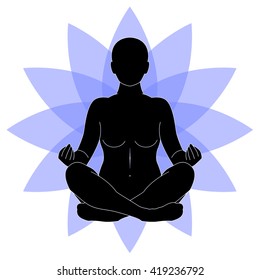 Woman practicing yoga with lotus flower on a background
