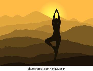 Woman practicing yoga in the mountains.Vrikshasana tree pose. Healthy life concept. Vector illustration.