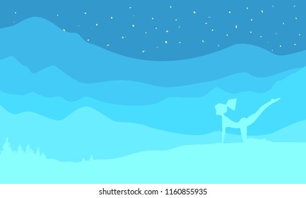Woman is practicing yoga in nature, landscape background, beautiful view, stars sky mountains and forest, sunrise, banner, wallpaper. Vector illustration.