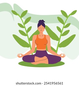 Woman Practicing Yoga in Nature Peaceful Wellness Illustration.