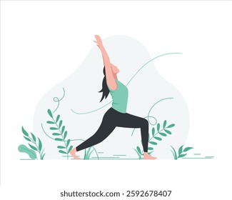 Woman practicing yoga in nature. Young female character in warrior pose with green plants in background. Flat vector illustration for wellness, meditation, and healthy lifestyle concepts