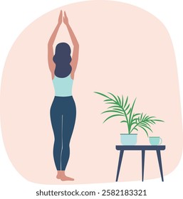 Woman Practicing Yoga Near Potted Plant and Tea 
