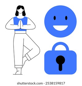 Una mujer practicando yoga junto a un icono de cara feliz y un símbolo de bloqueo de seguridad, todo en azul y negro. Ideal para temas de bienestar, atención plena, felicidad, seguridad y protección digital