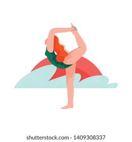 Woman Practicing Yoga on Beach at Sunset, Girl Doing Sports and Relaxing on Beach, Summer Outdoors Activities Vector Illustration