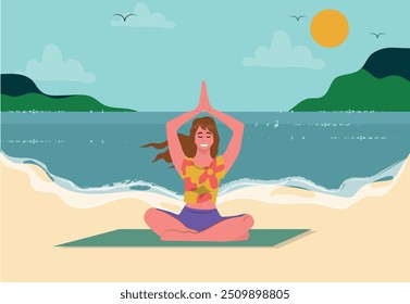 woman practicing yoga on a beach, vector illustration.