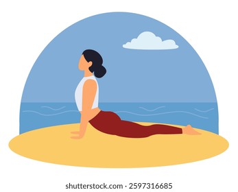 Woman practicing yoga on the beach. Vector illustration in a flat style.