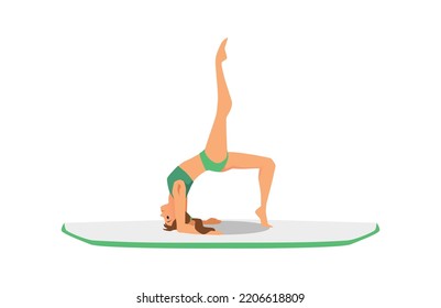 Woman practicing yoga on paddleboard, flat vector illustration isolated on white background. Paddleboard or SUP sport and yoga character for emblem or logo design.