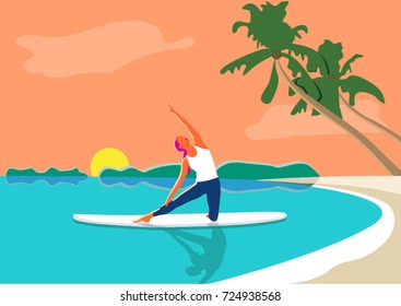 A woman practicing yoga on the surfboard in the sea. Gate Pose. Parighasana.