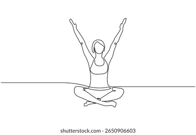 Woman practicing yoga one continuous line art. Girl sitting in lotus pose, single line of woman sitting yoga isolated on white background, Person sitting in lotus.
