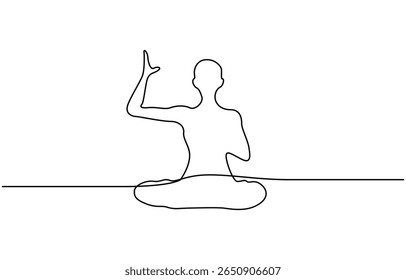 Woman practicing yoga one continuous line art. Girl sitting in lotus pose, single line of woman sitting yoga isolated on white background, Person sitting in lotus.