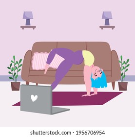 woman practicing yoga online at home