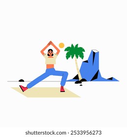 Woman Practicing Yoga Outdoors In Flat Vector Illustration Symbolizing Health, Fitness, And Well Being, Isolated On White Background.