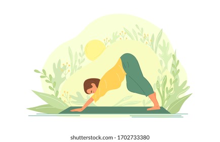 Woman practicing yoga outdoors in nature amongst the green plants on a sunny day in a health and fitness concept, vector illustration