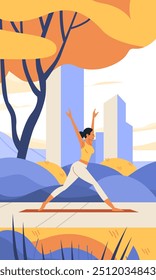 Woman practicing yoga outdoors in park with trees cityscape and nature background