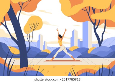 Woman practicing yoga outdoors in park with autumn trees and cityscape background. Colorful flat design