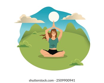 woman practicing yoga outdoors, a person relaxing in nature, vector illustration.