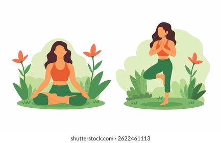 A woman practicing yoga outdoors in two poses, surrounded by nature and flowers, conveying peace, focus, and mindfulness for wellness themes.