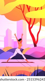 Woman practicing yoga outdoors vibrant colorful landscape trees city skyline abstract shapes fitness wellness lifestyle digital art