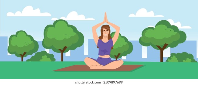 woman practicing yoga in a park with trees, vector illustration.