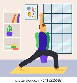 Woman practicing yoga in a peaceful home environment. Female in warrior pose indoor with plants and books, focused and calm. Health and wellness routine vector illustration.