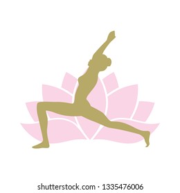 woman practicing yoga and pink lotus flower in background, vector 