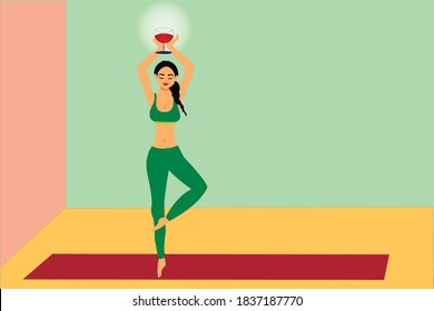 woman practicing yoga with a pint of beer. A new trend, a high-profile type of workout among women. a fun workout for body and soul