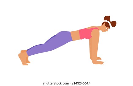 Woman practicing yoga, Plank pose, Kumbhakasana. Flat vector illustration, isolated character