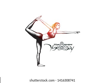 Woman practicing yoga pose, 21st june international yoga day, Hand Draw Sketch Vector Design.