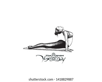 Woman practicing yoga pose, 21st june international yoga day, Hand Drawn Sketch Vector Design.