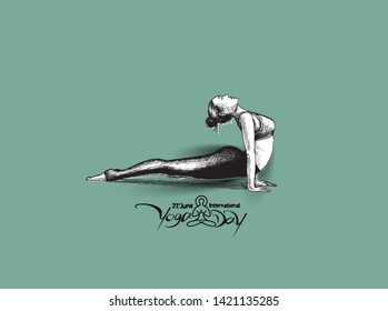 Woman practicing yoga pose, 21st june international yoga day, Hand Draw Sketch Vector Design.