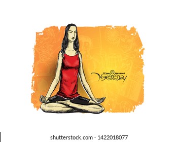 Woman practicing yoga pose, 21st june international yoga day, Hand Draw Sketch Vector Design.