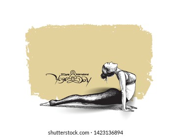 Woman practicing yoga pose, 21st june international yoga day, Hand Draw Sketch Vector Design.