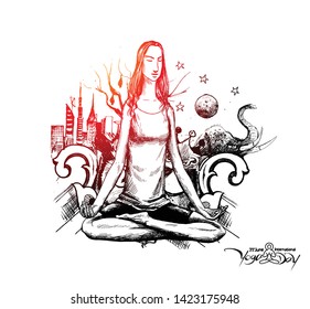 Woman practicing yoga pose, 21st june international yoga day, Hand Draw Sketch Vector Design.