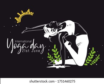 Woman practicing yoga pose, 21st june international yoga day, vector illustration.