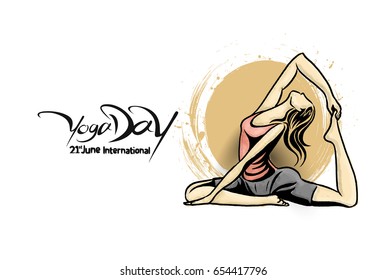 Woman practicing yoga pose, 21st june international yoga day, vector illustration.
