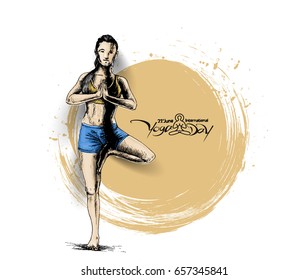 Woman practicing yoga pose, 21st june international yoga day, vector illustration.