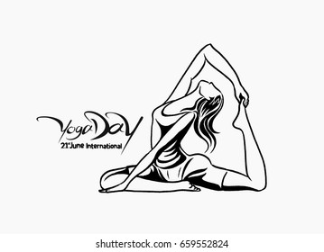 Woman practicing yoga pose, 21st june international yoga day, vector illustration.