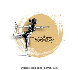 Woman practicing yoga pose, 21st june international yoga day, vector illustration.