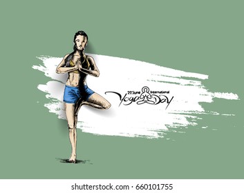 Woman practicing yoga pose, 21st june international yoga day, vector illustration.