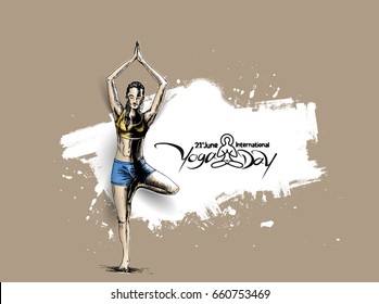 Woman practicing yoga pose, 21st june international yoga day, vector illustration.