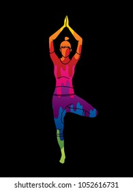 A woman practicing yoga, Yoga pose designed using colorful graphic vector.