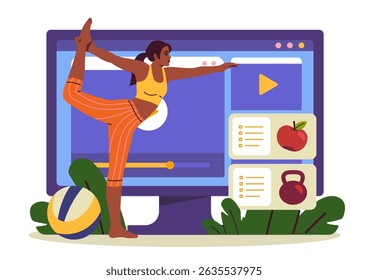 Woman practicing yoga pose in front of large screen showing fitness video interface, with icons of healthy food and workout, on white background. Vector illustration