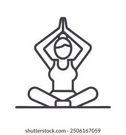 Woman practicing yoga pose line icon. Simple line icon of a woman practicing a yoga pose, symbolizing peace, relaxation, and physical well-being.