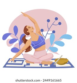 Woman practicing yoga pose, vector illustration, light pink background, concept of wellness and exercise. Vector illustration