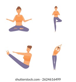 A mulher que pratica ioga posa em uma roupa ativa para a aptidão. Bem-estar. E relaxamento. Incluindo lótus. Árvore Curva para a frente sentada. E poses laterais. Aumentar a flexibilidade. Equilíbrio. E tranquilidade
