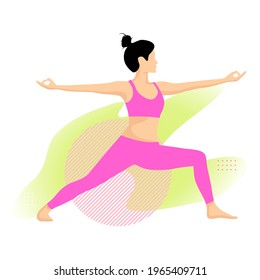 Woman practicing yoga poses on abstract yellow background. Flat cartoon colored vector illustration